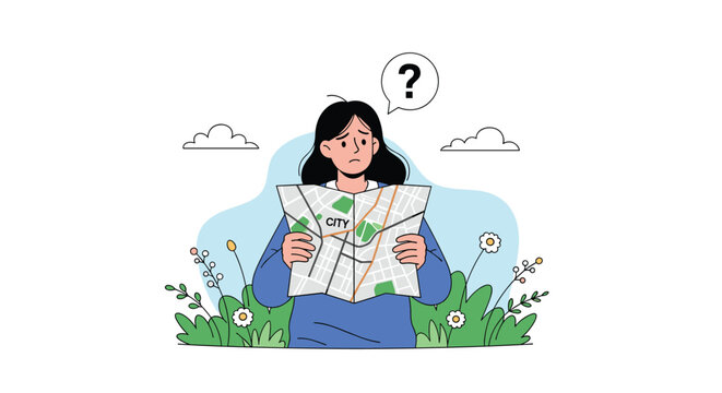 Young woman standing in a flower field looking confused and holding a paper city map with a question mark bubble for navigation.