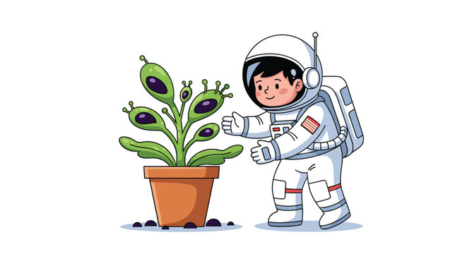 Cute young astronaut in a space suit curiously examining a strange alien plant in a pot on another planet.