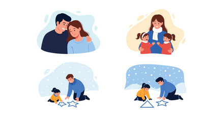 Fototapeta premium Set of four heartwarming illustrations depicting families enjoying time together in different situations including winter fun.