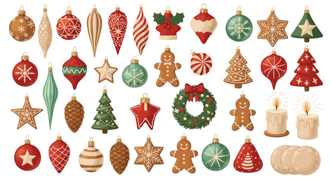 Large collection of traditional Christmas tree ornaments including red baubles, stars, gingerbread men, pinecones, and wreaths for the holidays.