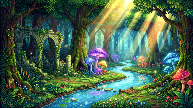 Pixel art fantasy forest landscape with magical glowing mushrooms and ancient ruins