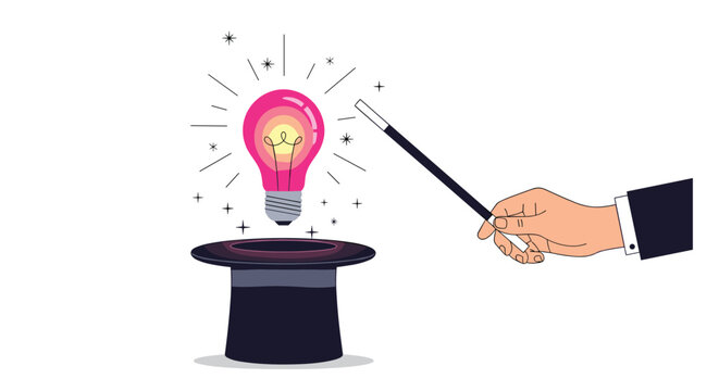 Magician hand performs a trick with a magic wand over a black top hat causing a pink glowing lightbulb to appear with magical sparkles.