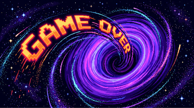 Pixel art game over text screen with deep space cosmic galaxy vortex