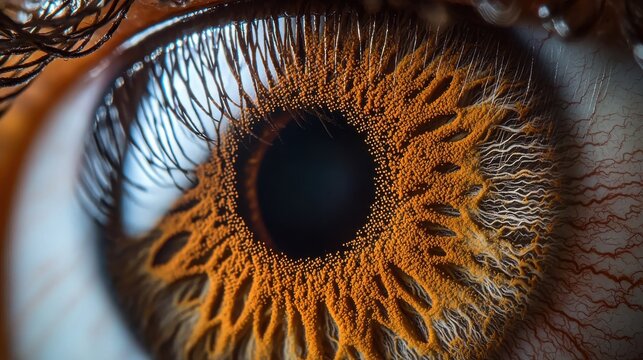 Iris fiber thickness close-up brown human eye displaying intricate muscle fibers and collagen density variations with professional medical lighting