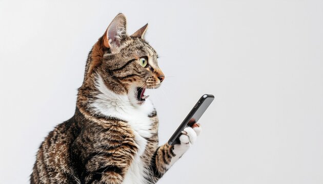 A startled tabby cat holding a smartphone with its mouth open in surprise, against a white background