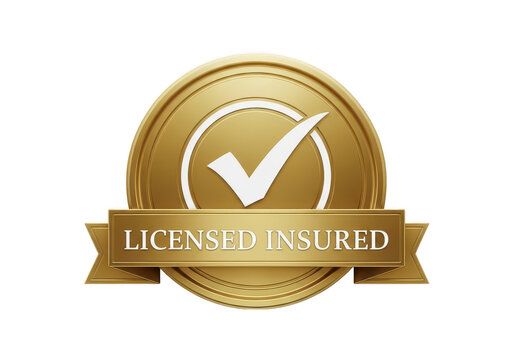 Gold licensed insured badge emblem with check mark for business certification and trustworthy service verification on white background isolated on a transparent background