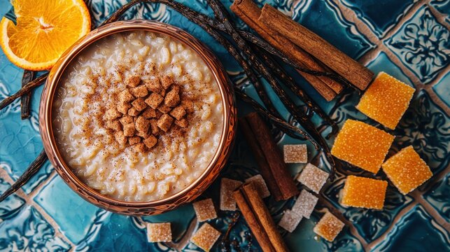 Premium Mexican rice pudding cup with cinnamon and piloncillo sugar cubes, garnished with vanilla beans and orange slices on authentic Talavera ceramic tiles backdrop