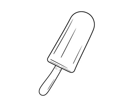 Black and white illustration of a classic frozen dessert on a wooden stick, slightly angled. It's summertime treat