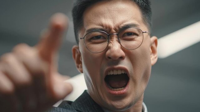 Angry man pointing finger shouting in close up, eyeglass business suit office workplace conflict stress, aggressive confrontation indoor scene