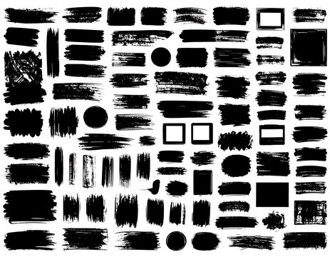 Black ink brushstroke collection. Numerous thick and thin strokes, circles, and shapes. Grunge texture, various forms for design elements and backgrounds