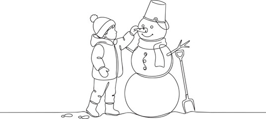 Fototapeta premium Winter kids, child building snowman, outdoor fun, cold weather activity, vector illustration
