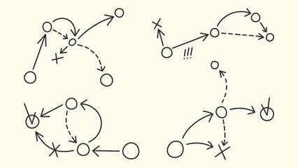 Naklejka na ściany i meble Sport tactic diagrams with strategic arrows, black sketch vector icons isolated on white background. Hand drawn playbook schemes, team formation and game plan for coach training sessions