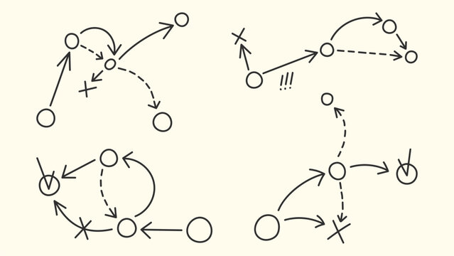 Sport tactic diagrams with strategic arrows, black sketch vector icons isolated on white background. Hand drawn playbook schemes, team formation and game plan for coach training sessions