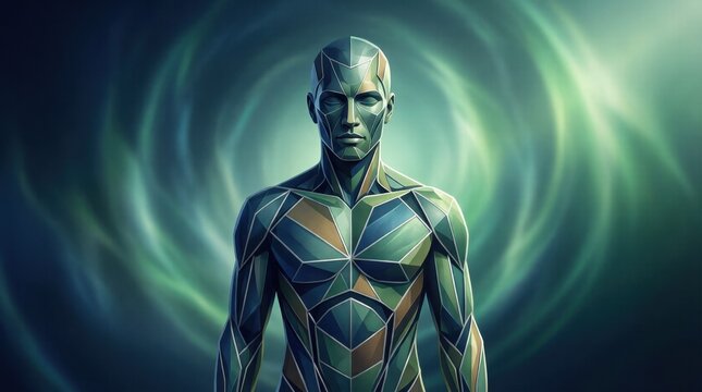 Futuristic figure stands poised, glowing with energy