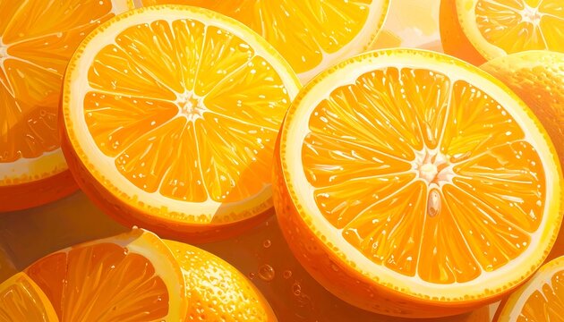Close-up illustration of sliced citrus fruits in vibrant orange hues. Detailed segments, textures, and juicy appearance