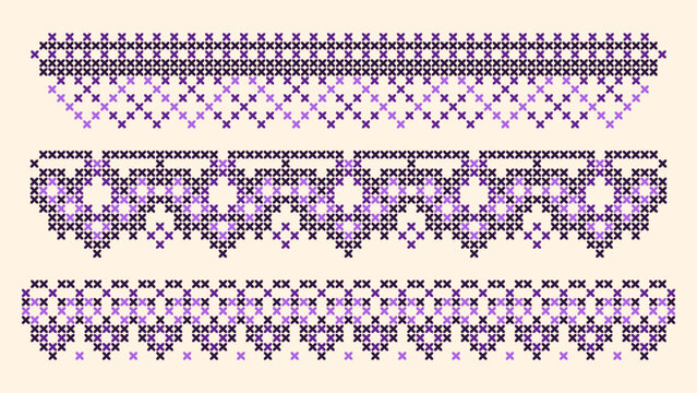 Traditional geometric cross stitch floral border set isolated on white canvas background. Vector realistic illustration, lilac ethnic embroidery motifs with abstract flowers, seamless folk art pattern