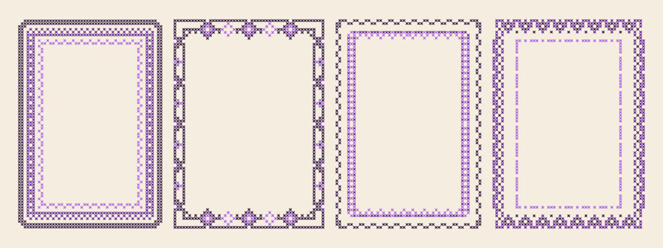 Traditional geometric cross stitch floral frames isolated on white canvas background. Vector realistic illustration, red pink ethnic embroidery rectangle borders with abstract flowers, hearts motifs