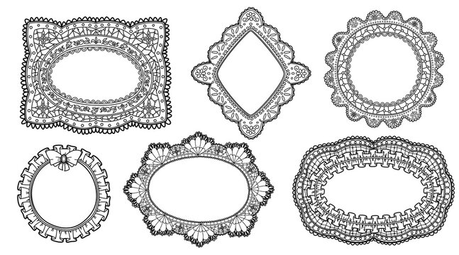 Vintage lace frames with whimsical floral pattern and coquette frills borders, vector illustrations isolated on white background. Elegant design for romantic wedding invitations with ribbon bow