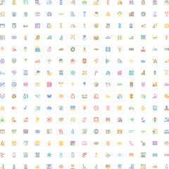 Naklejka premium Collection of diverse colorful vector icons displaying a wide range of common objects and concepts, useful for modern web design, mobile applications, and user interfaces