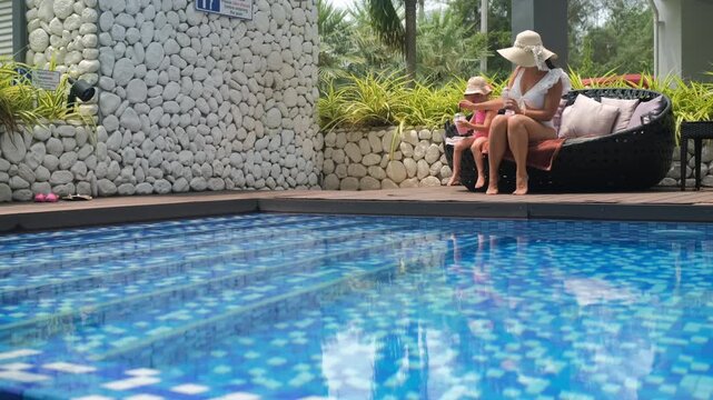 Mother and little daughter in matching straw hats and sunglasses relaxing on a lounge chair by the pool drinking colorful fruit cocktails. Family holiday concept