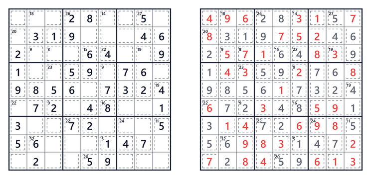  Killer Sudoku logic puzzle game showing unsolved grid with cages and completed solution side by side.