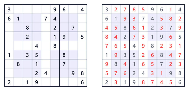 Sudoku puzzle variant with shaded extra regions, showing unsolved and solved grids side by side.