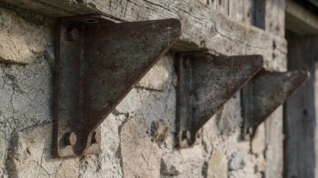Medium shot of weathered metal brackets installed on a rustic building exterior emphasizing durability and aged aesthetic in architectural details