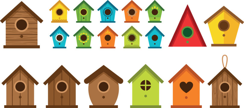 Birdhouse Vector Illustration Collection with Colorful Wooden Nest Boxes and Decorative Garden Shelter Designs for Nature and Spring Themes