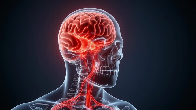 Detailed 3D animation of a transparent human head showing glowing red brain and neck anatomy