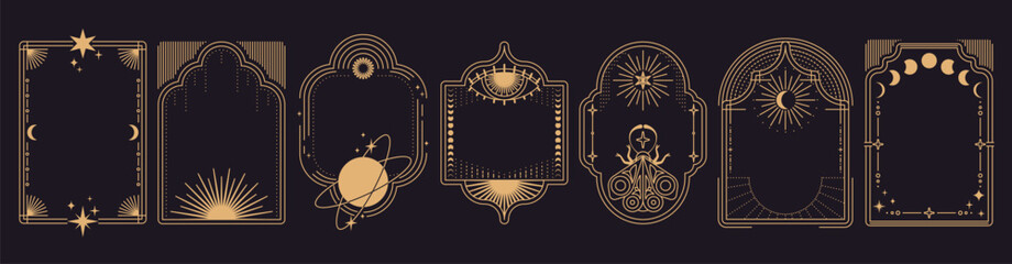 Celestial boho frames with moon phases, butterfly and mystical arch design, abstract vector goldenvset isolated on background. Esoteric art with stars, sun symbol, and magical pattern, vintage borders © klyaksun