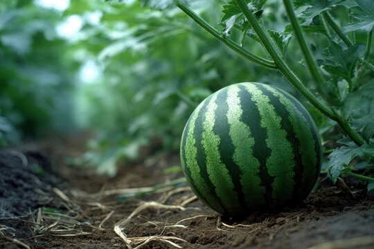 A single watermelon ripening on the ground in a garden field