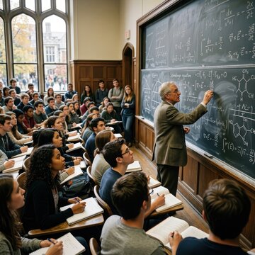University professor delivering lecture to students in classic academic lecture hall