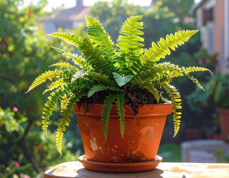 Close-up of a vibrant green fern in an orange terracotta pot, basking in sunlight against a blurred outdoor backdrop
