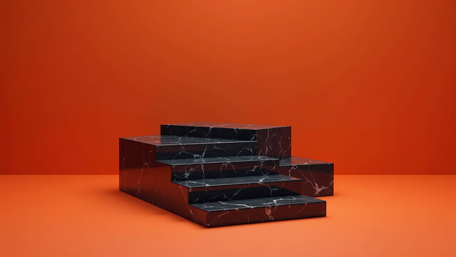 Empty isometric obsidian black marble steps for product presentation on matte terracotta background