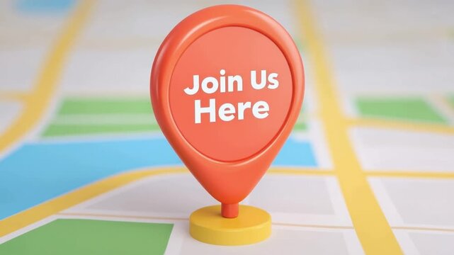 Close-up of red location pin with join us here text on colorful map for navigation and invitation concept in business and social media