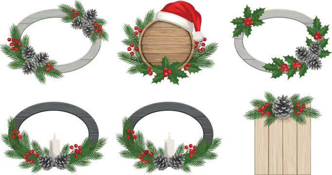 Christmas Floral Frame Vector Collection with Pine Branches, Holly Berries, Rustic Wooden Borders, and Festive Holiday Decoration Designs