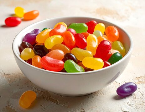 Close-up of a white bowl overflowing with colorful, glossy, bean-shaped candies. A few candies are scattered nearby on a textured background
