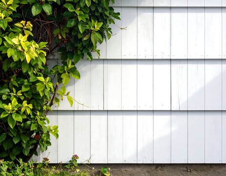 Close-up of a white, paneled exterior wall with vibrant green foliage climbing the side. The scene is sunlit