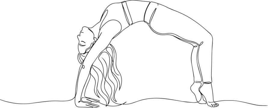 Continuous line drawing, woman in yoga pose, minimalist fitness illustration, black line art