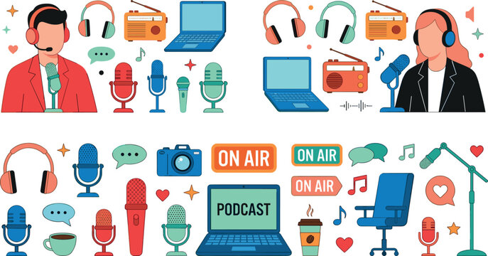 Podcast Studio Equipment and Broadcasting Vector Collection Featuring Microphones, Headphones, Laptops, On Air Signs, Radio Devices, and Recording Accessories