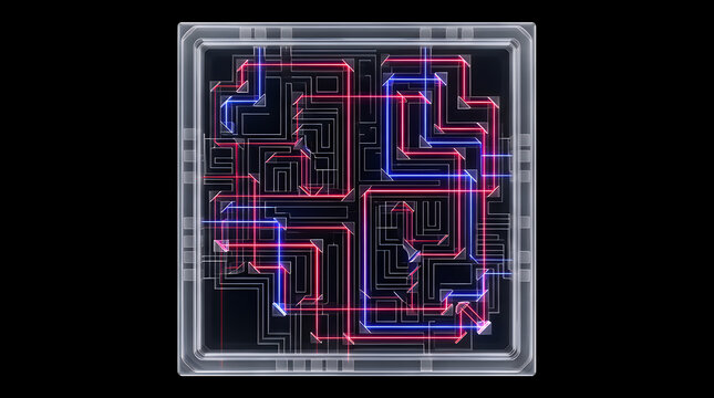 Photonic processor layout displays intricate patterns of glowing light signals moving through a clear crystalline substrate to highlight future advancements in quantum computing and hardware.