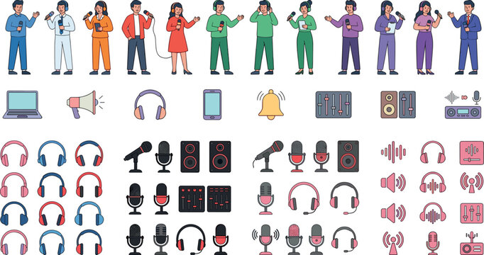 Podcast and Audio Streaming Vector Icon Set Featuring Broadcasters, Headphones, Microphones, Speakers, Mobile Devices, and Media Communication Elements