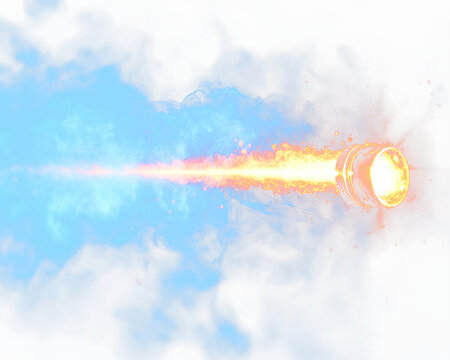 A projectile blazes through air, leaving a smoky blue trail and a fiery burst of light behind it