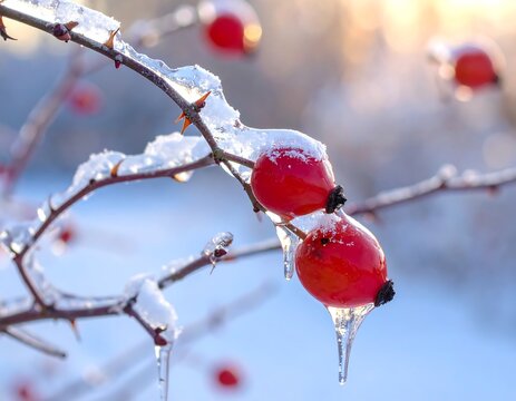 Close-up of bright red berries covered in ice, clinging to thorny branches, illuminated by winter sunlight