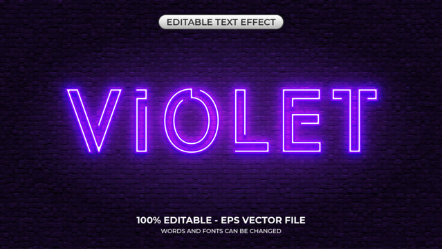 Violet glow text effect. Editable glowing neon text style on the brick wall background