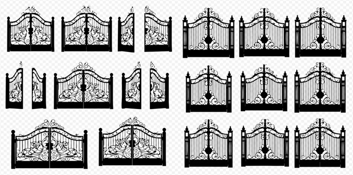 Set of various ornate black and white wrought iron gates with intricate designs, isolated on a transparent background.