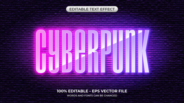 Cyberpunk glow text effect. Editable glowing pink and purple neon text style on the brick wall background