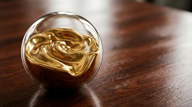 Glistening Golden Liquid Swirling in a Clear Glass Sphere on a Rich Wooden Table