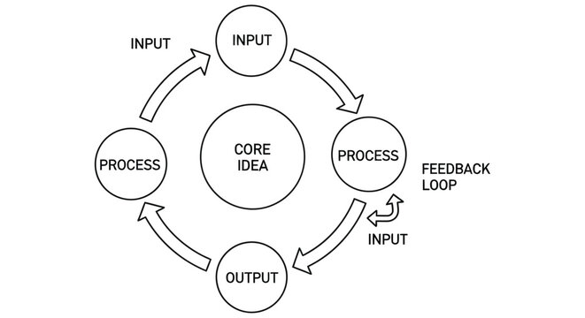 Circular diagram illustrating a core idea with input process output and feedback
