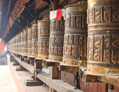 Close-up of multiple prayer wheels with intricate designs and religious text, lined up in a row. Wooden beams support them